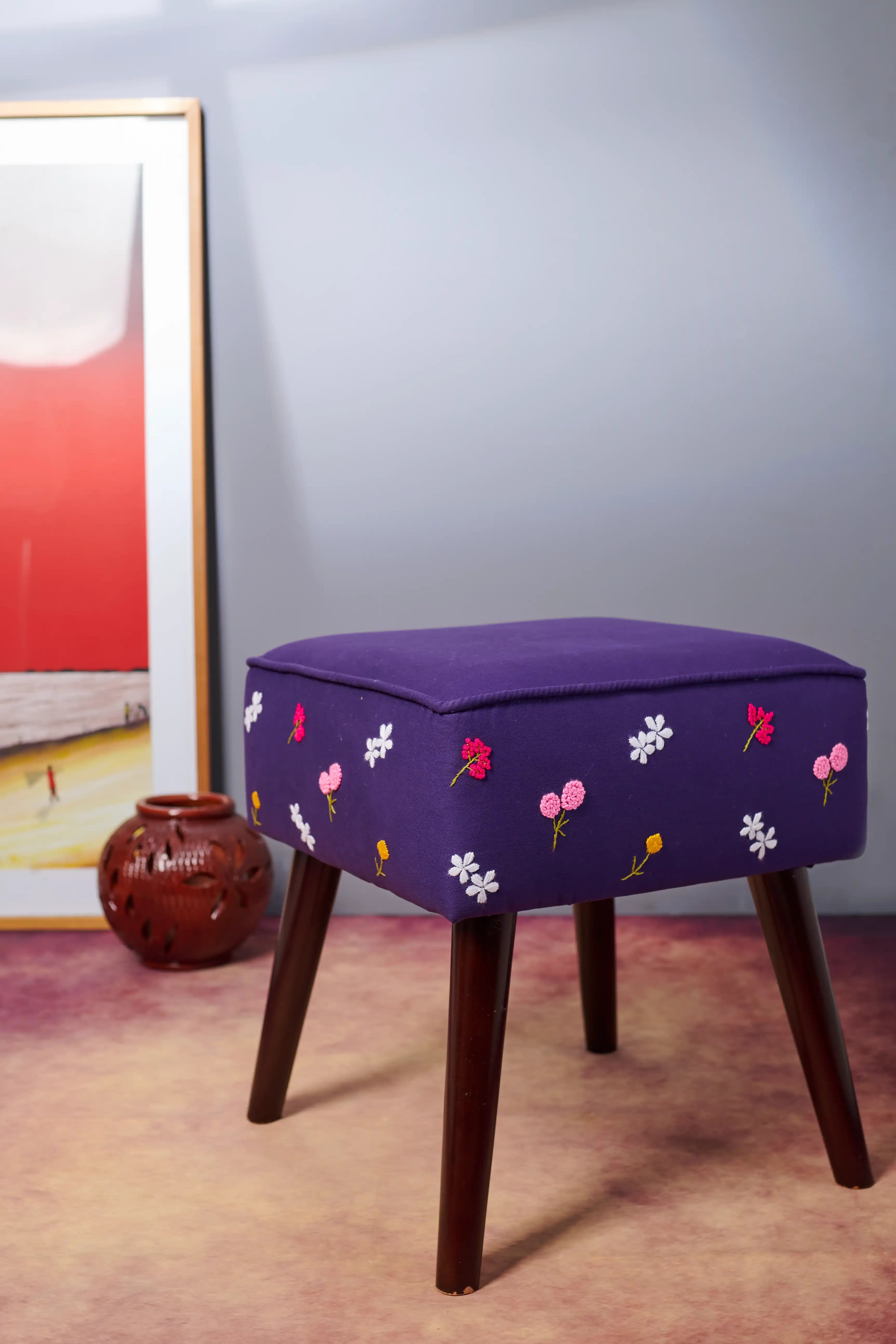 Wooden Stool with Hand-stitched Floral