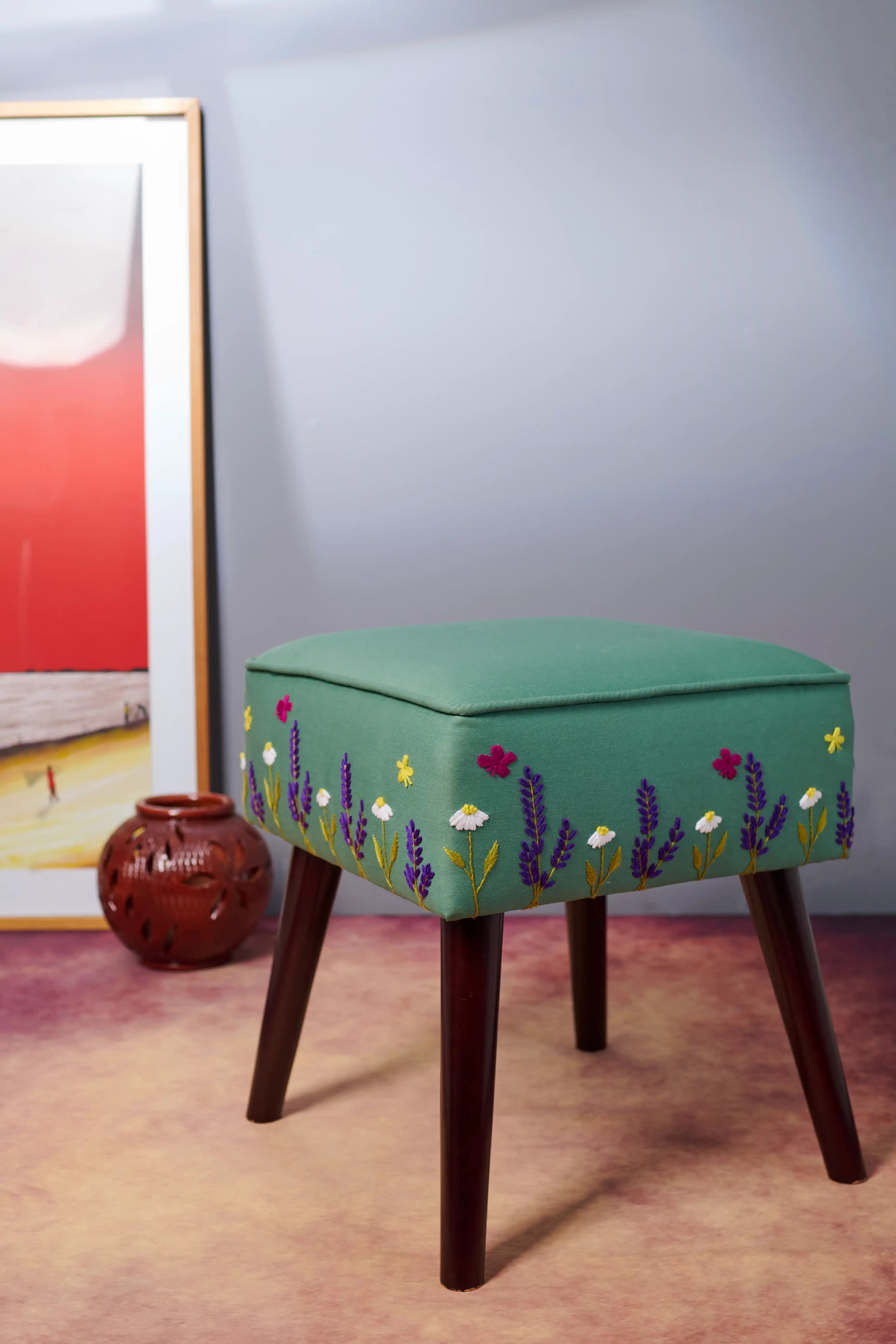 Wooden Stool with Hand-stitched Floral