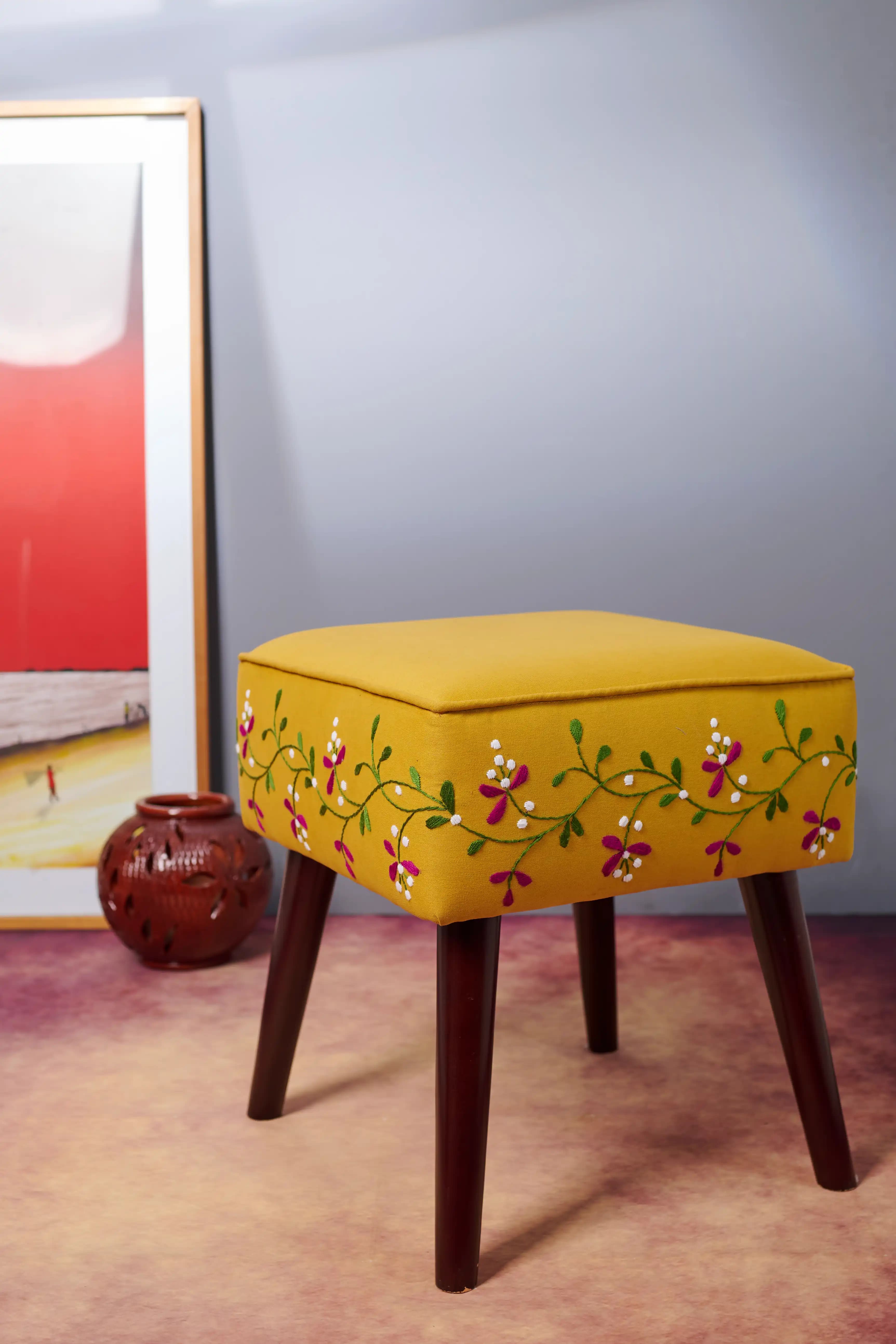Wooden Stool with Hand-stitched Floral