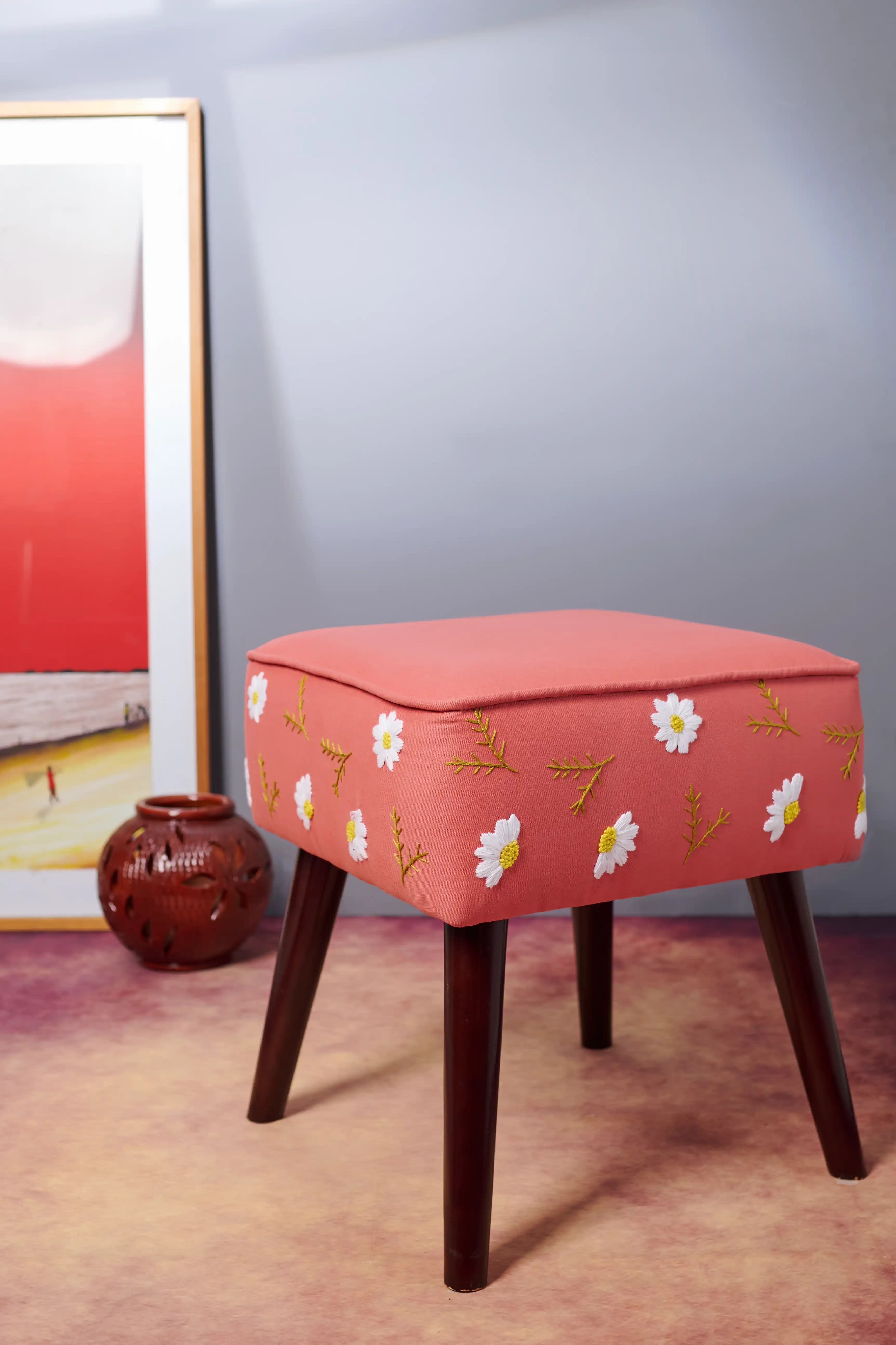 Wooden Stool with Hand-stitched Floral