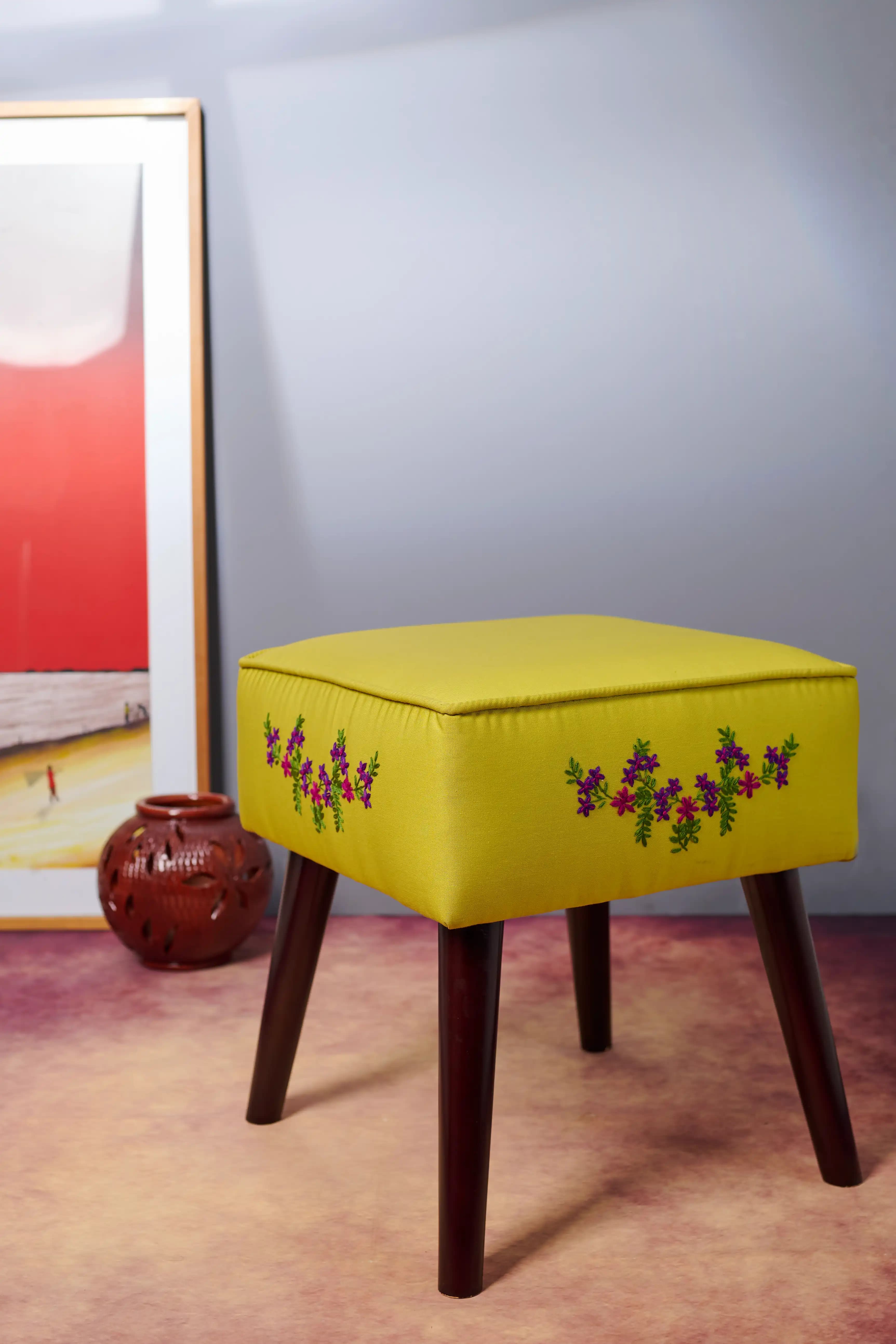 Wooden Stool with Hand-stitched Floral