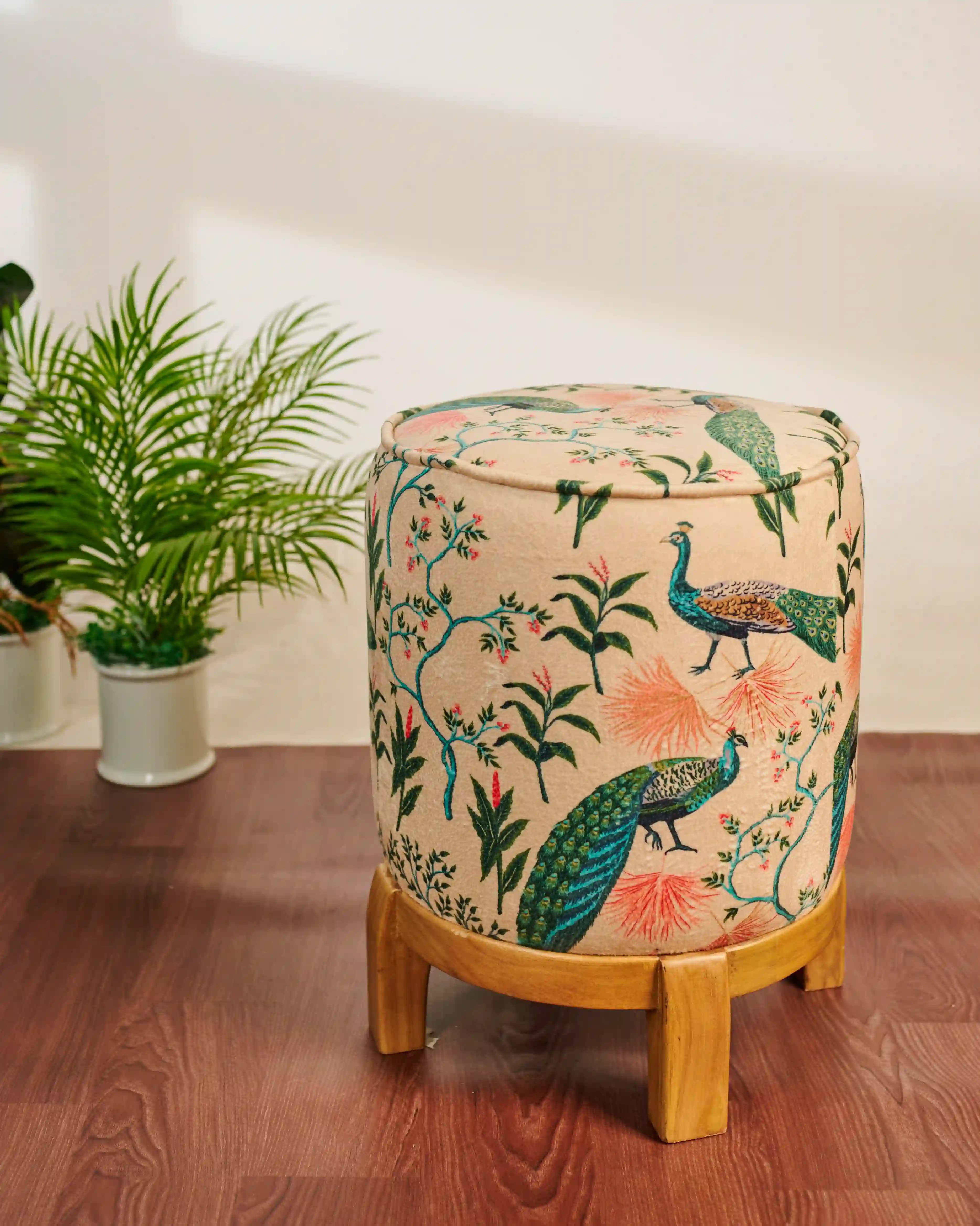 Floral Themed velvet Wooden Stool