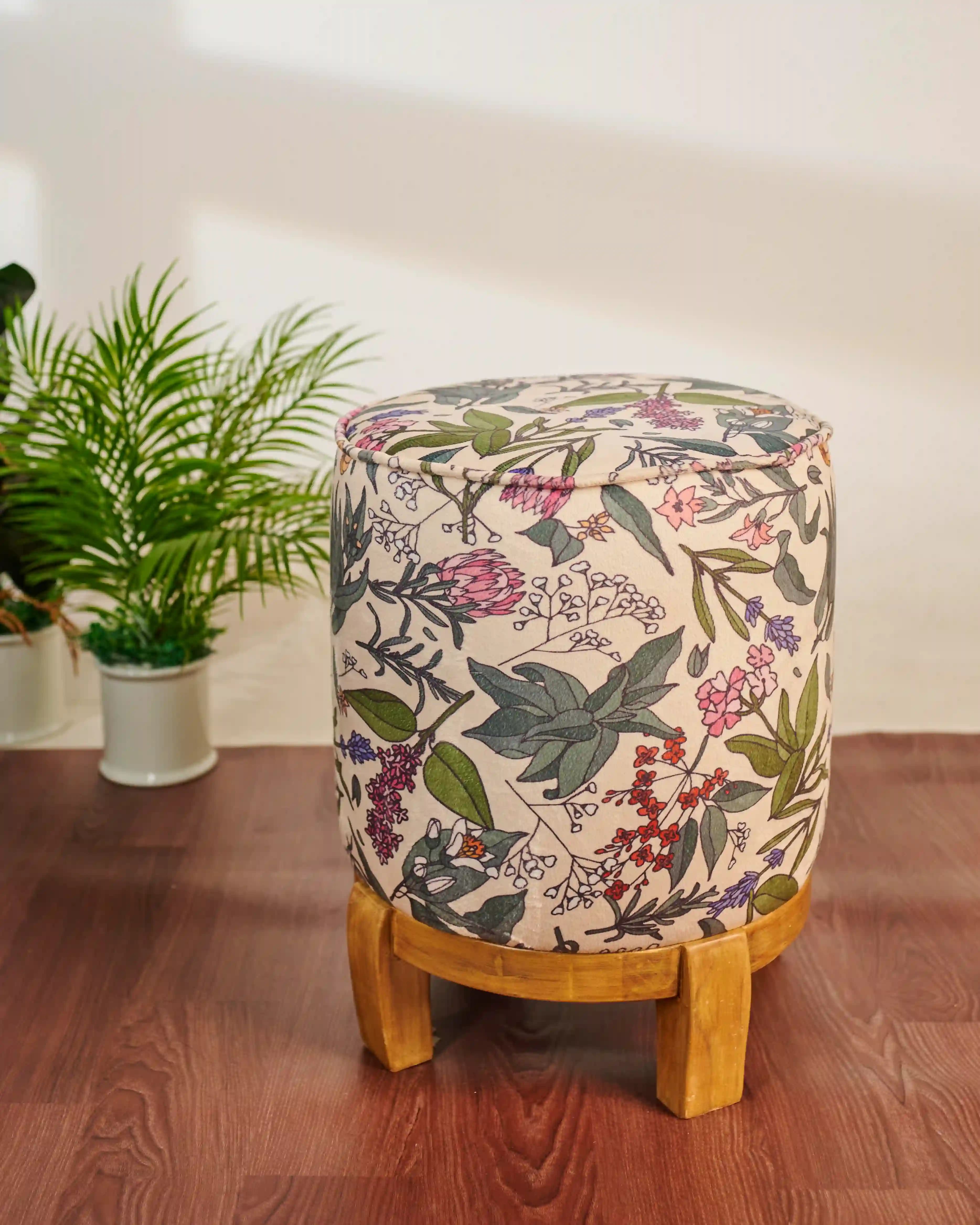 Floral Themed velvet Wooden Stool