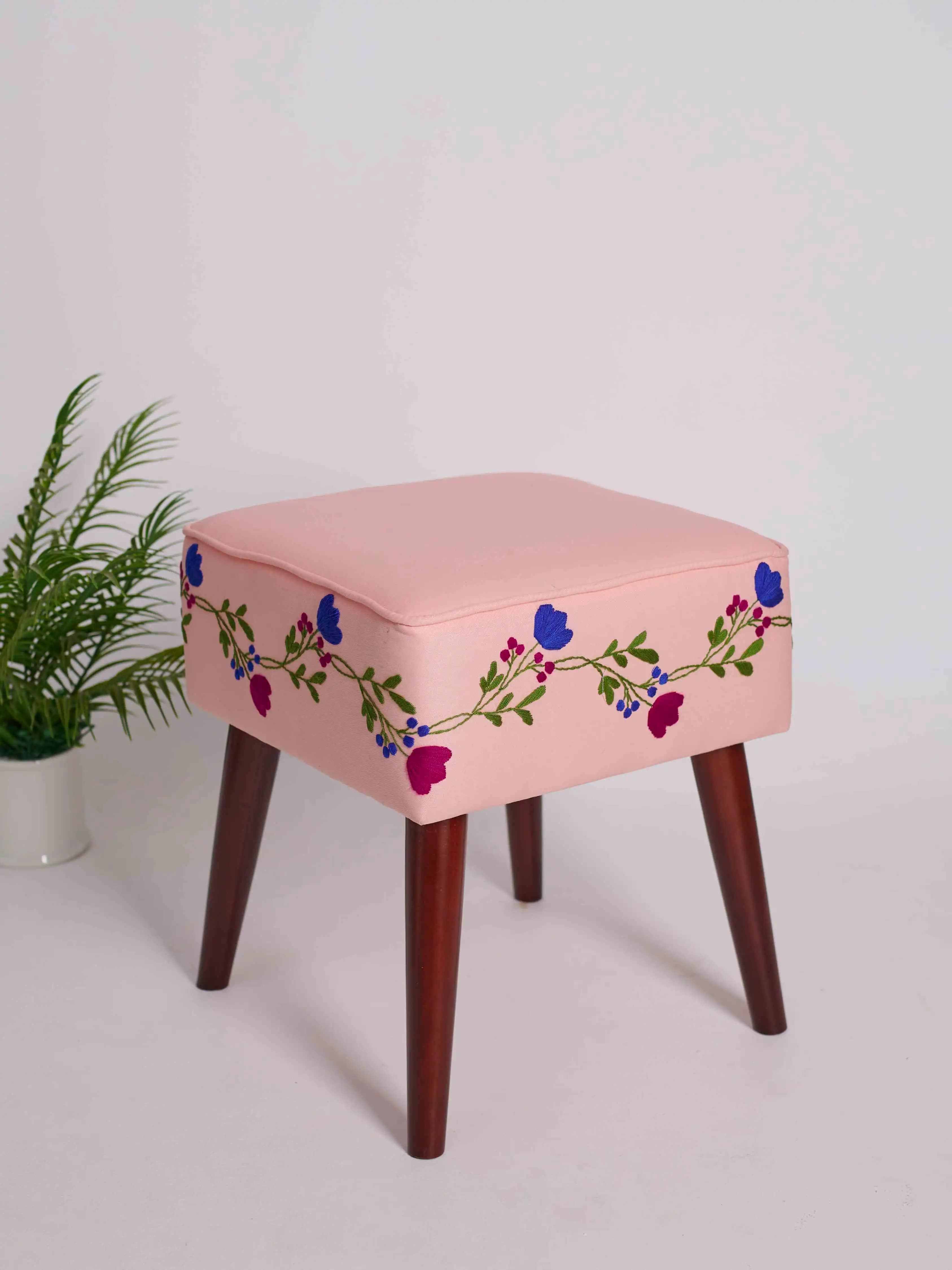 Square Wooden Stool with Hand stitched Floral