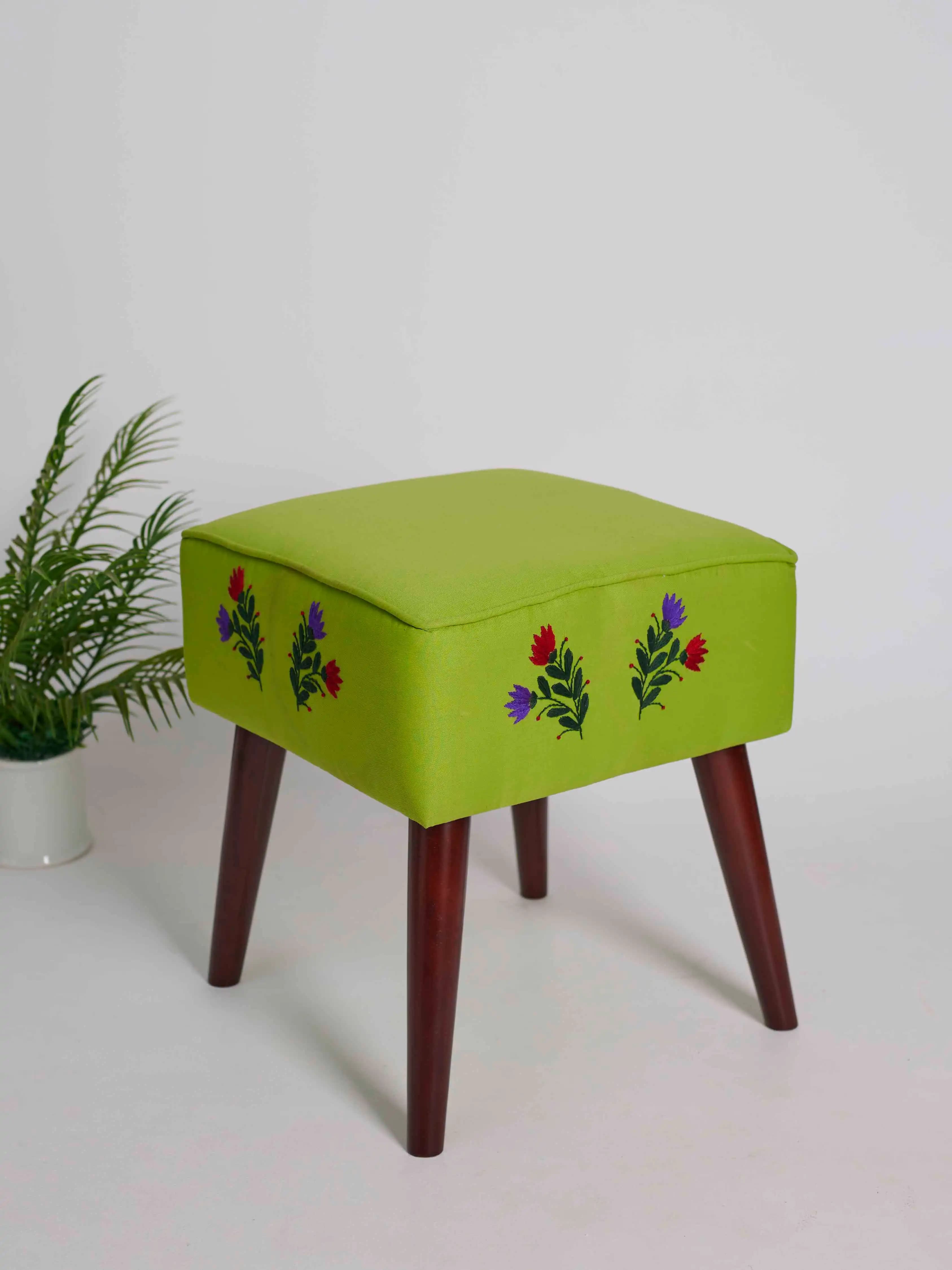 Square Wooden Stool with Hand stitched Floral