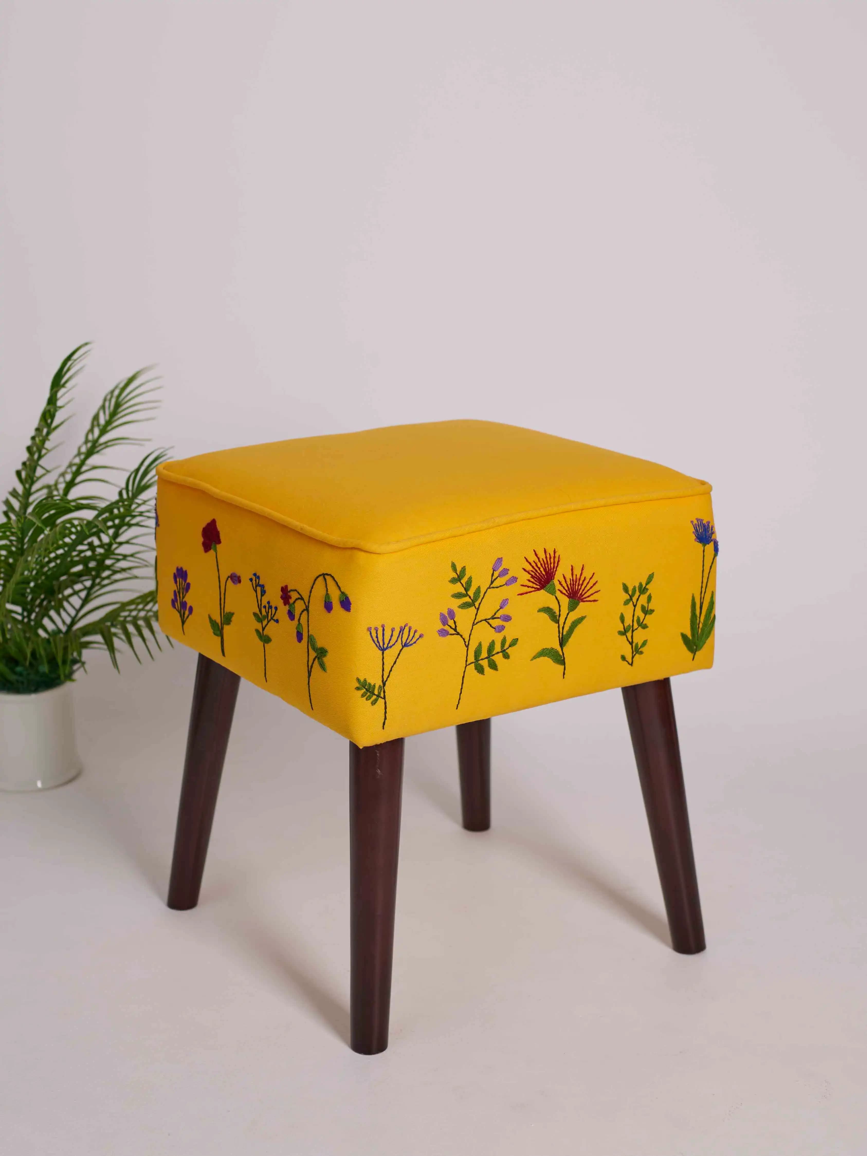 Square Wooden Stool with Hand stitched Floral