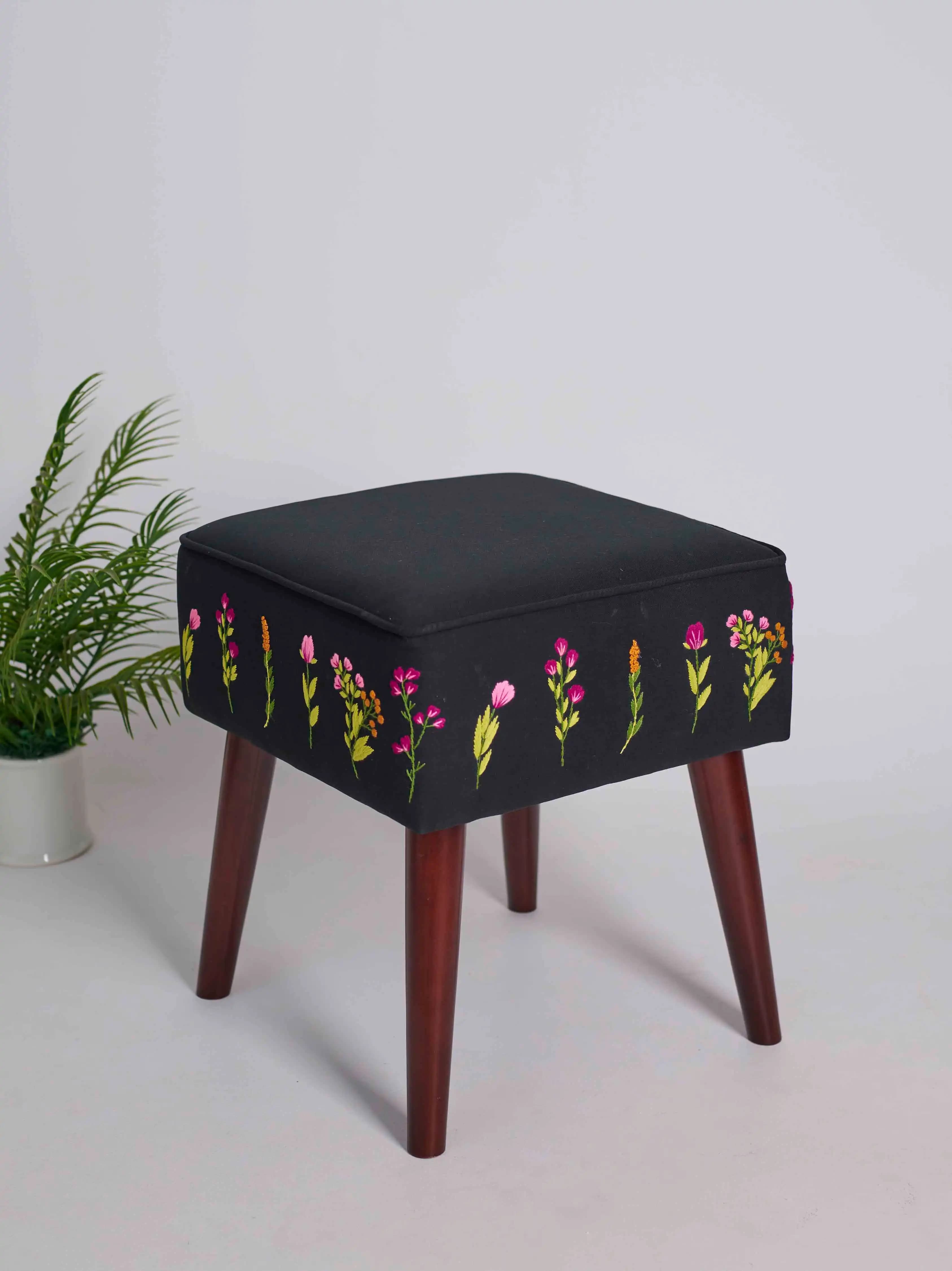 Square Wooden Stool with Hand stitched Floral