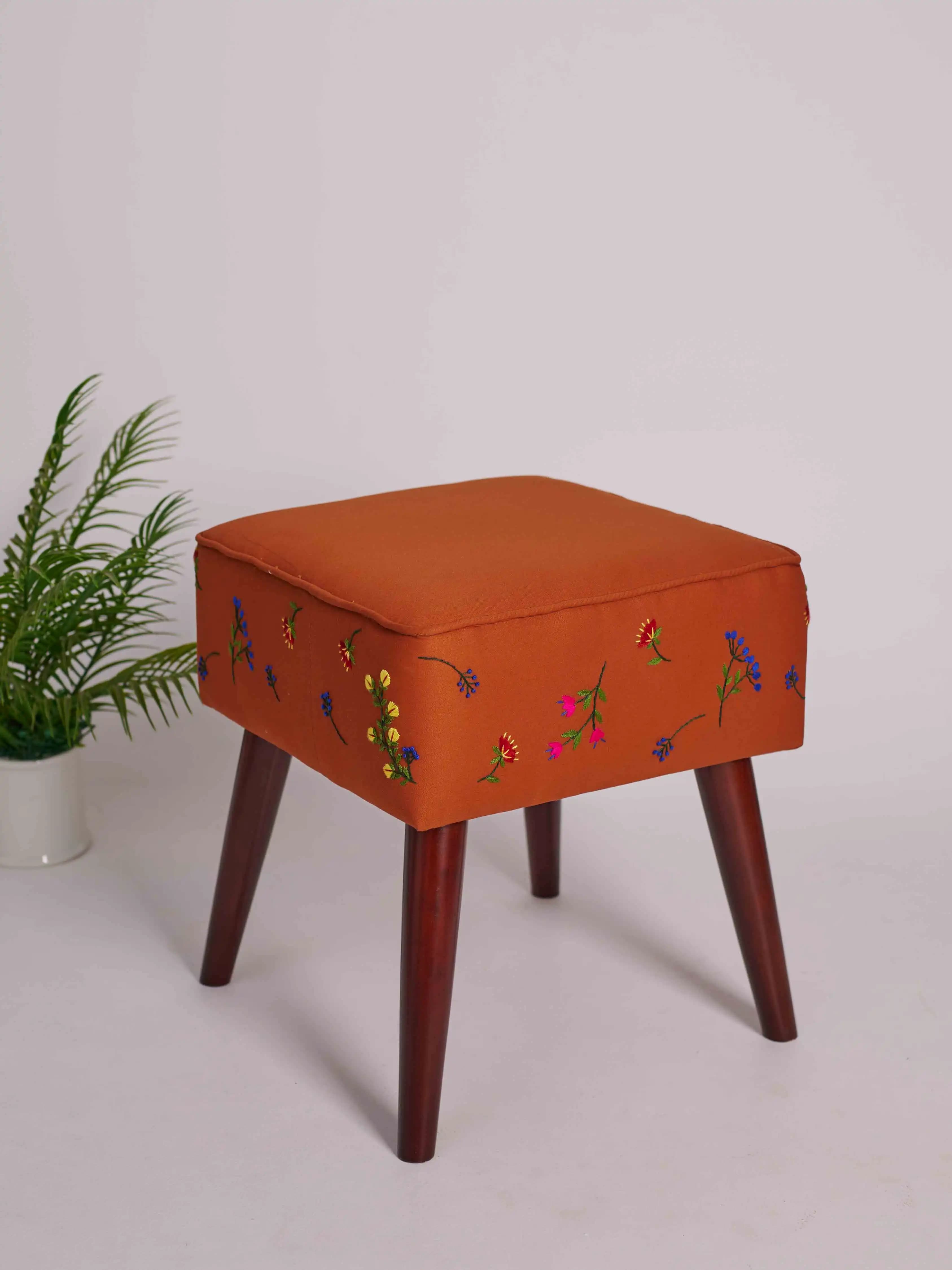 Square Wooden Stool with Hand stitched Floral