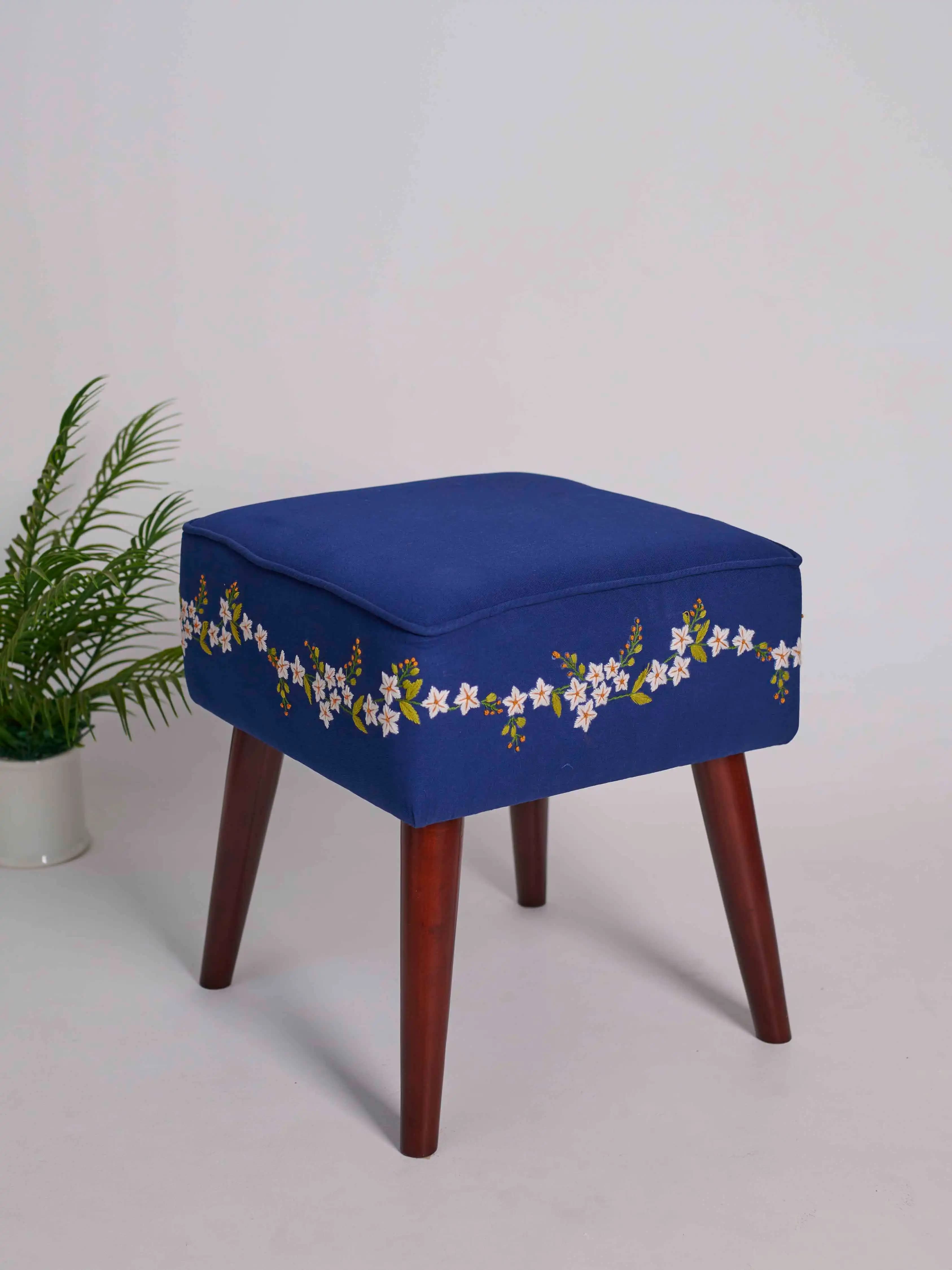 Square Wooden Stool with Hand stitched Floral