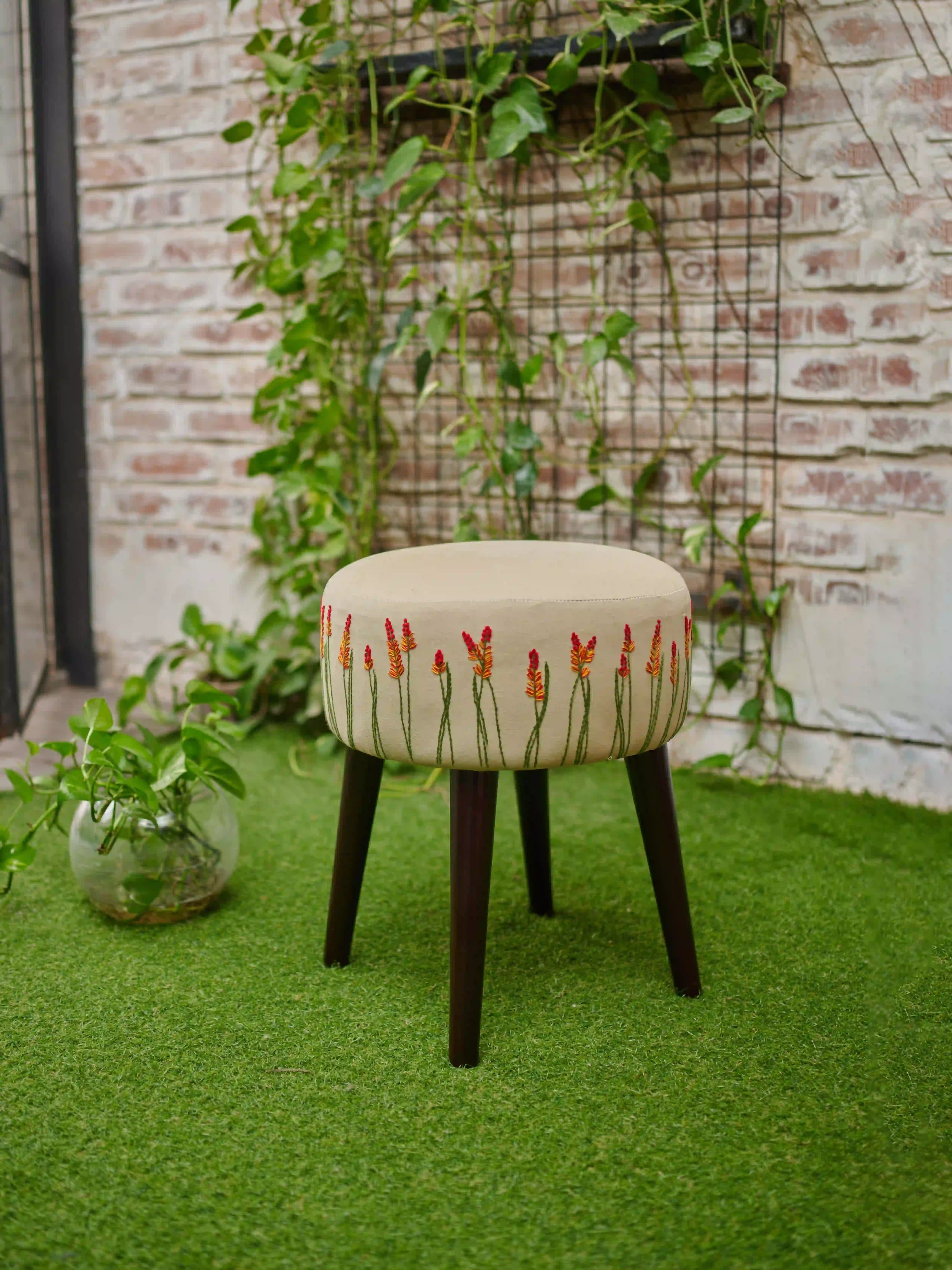 Bunon Bahar Round Hand Stitched Wooden Stool