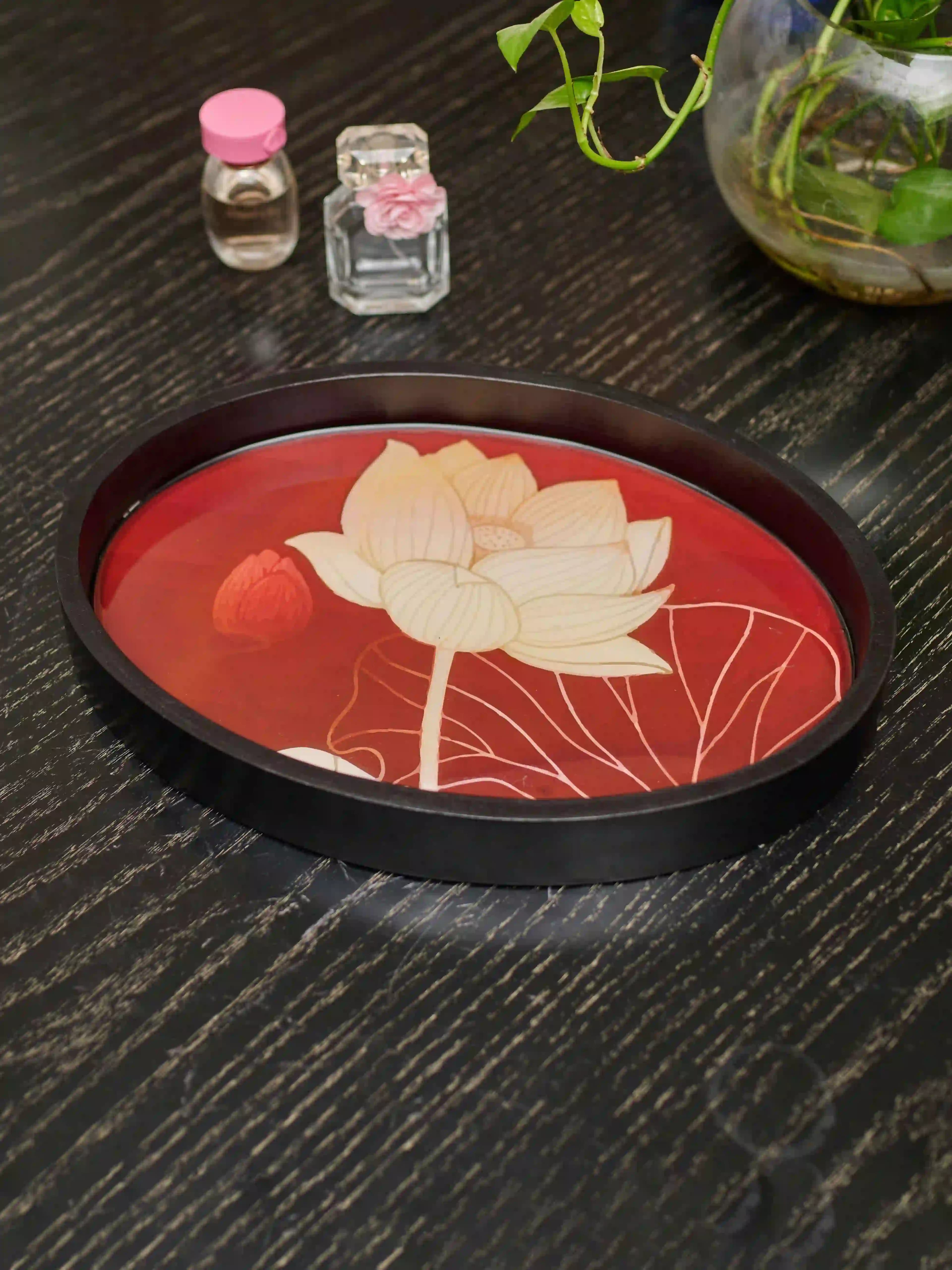 Wooden Floral Oval Resin Tray