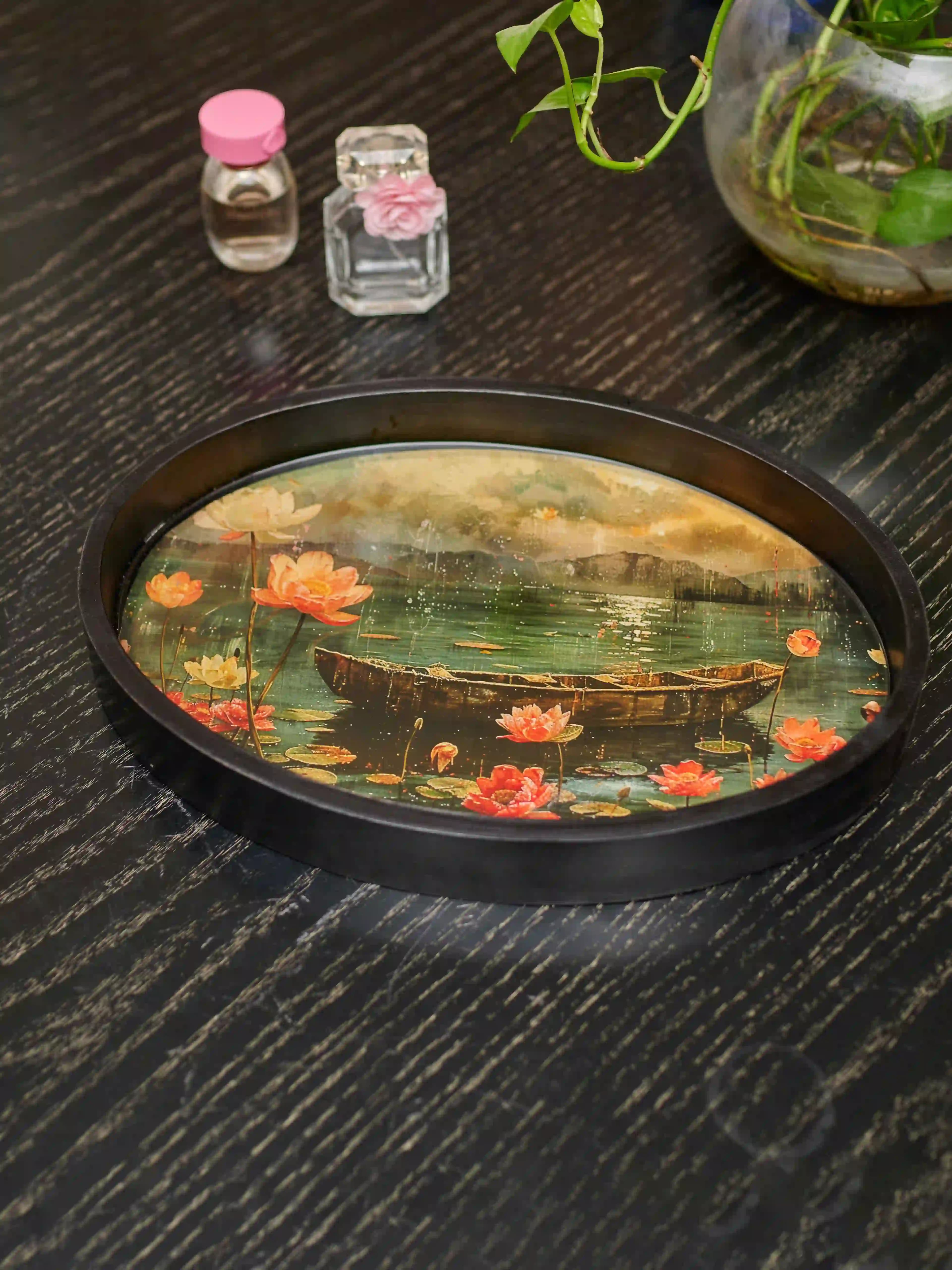Wooden Floral Oval Resin Tray
