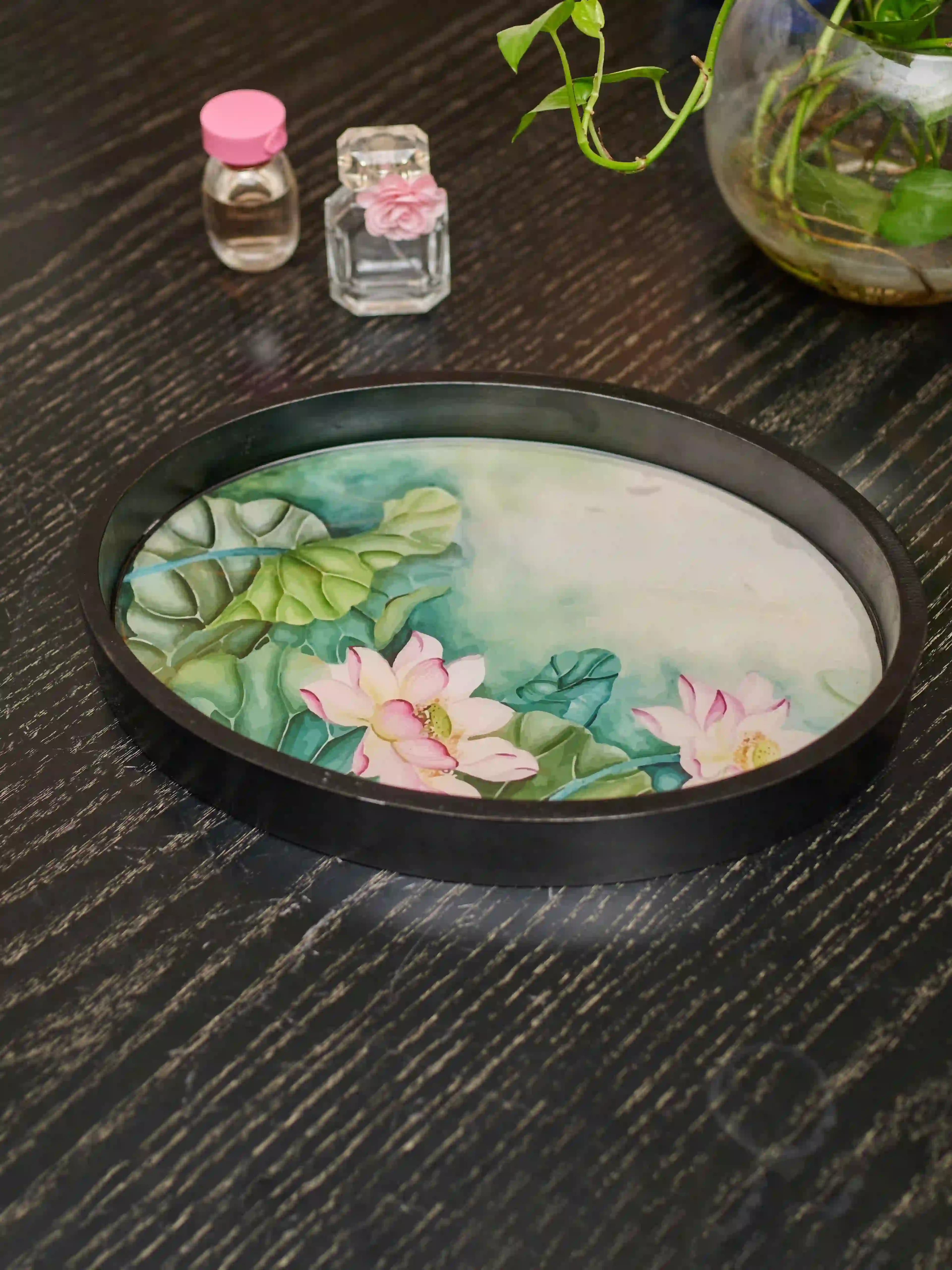 Wooden Floral Oval Resin Tray