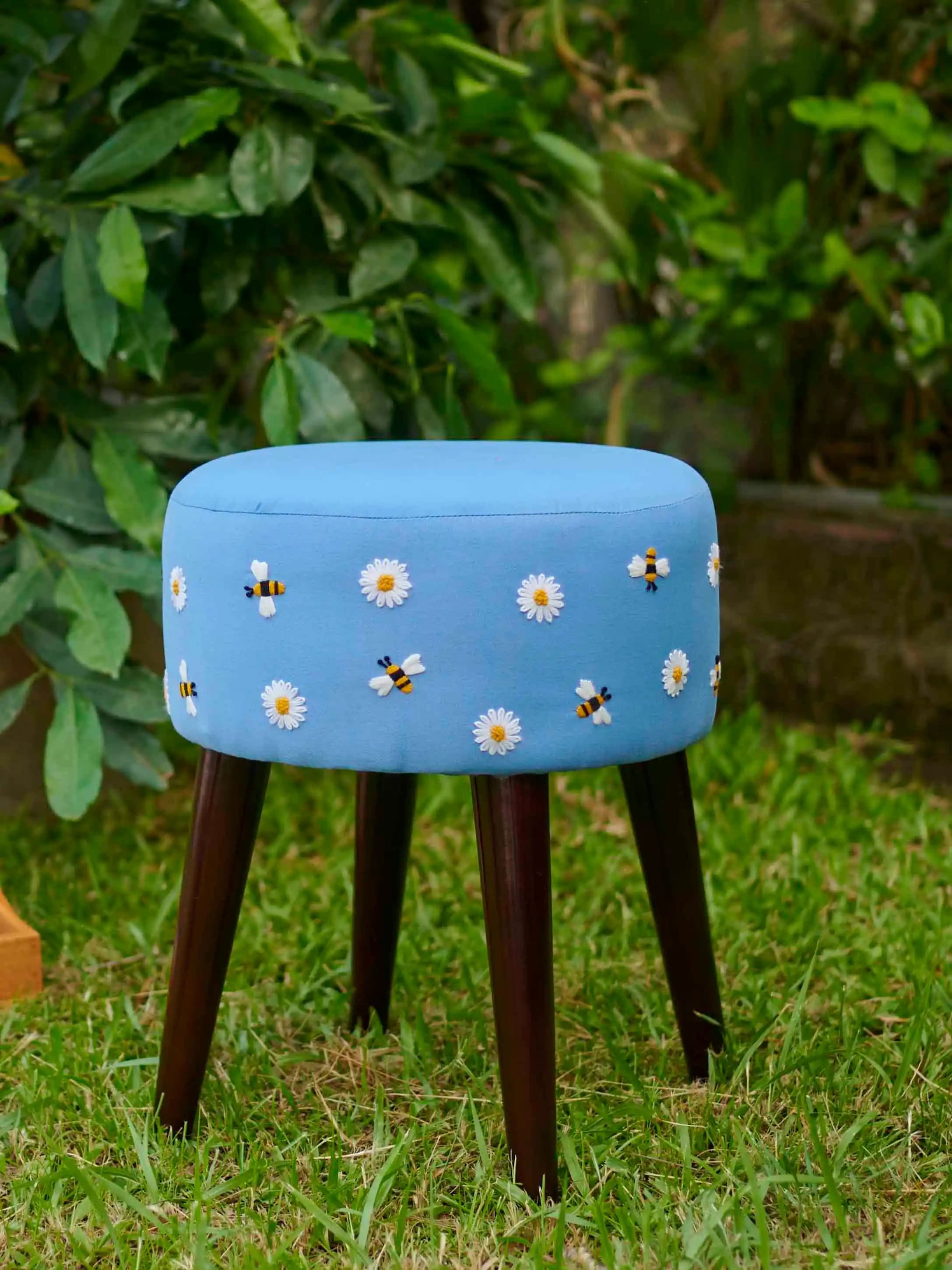 Round Hand Stitched Wooden Stool